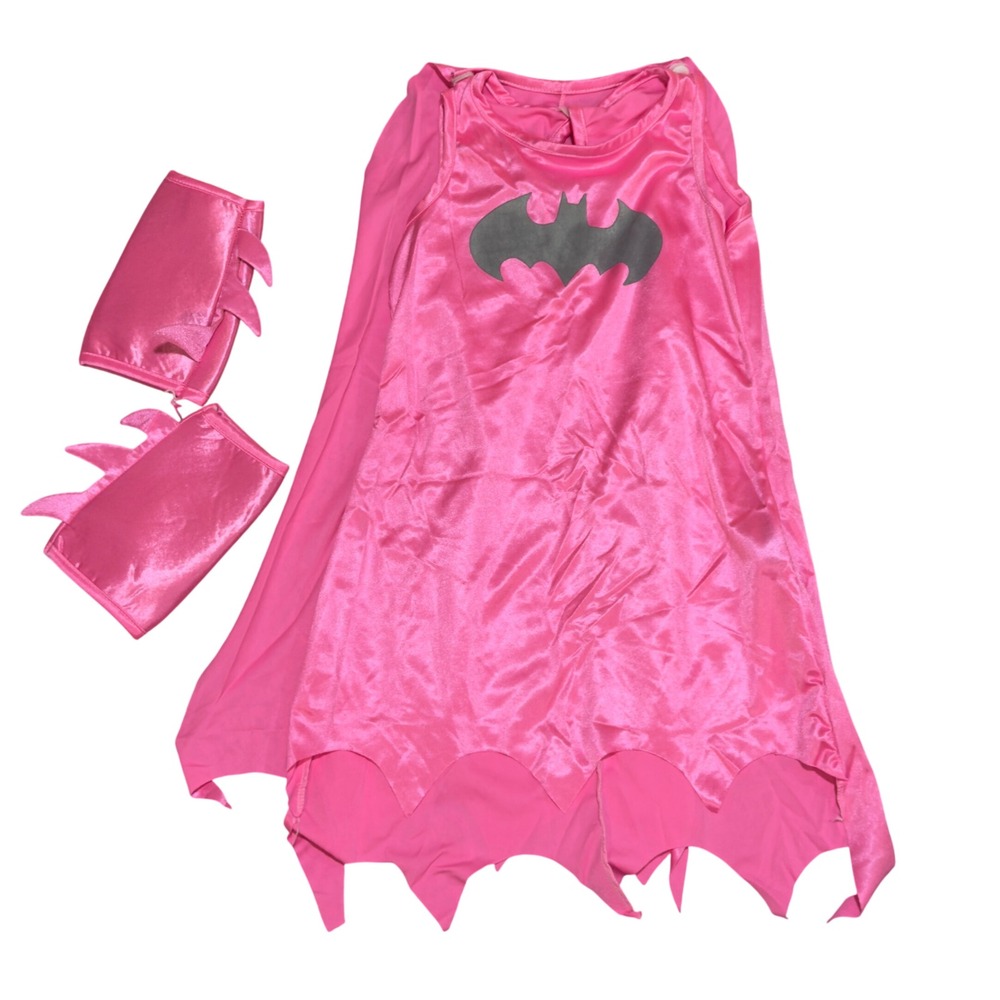 Batgirl Costume Girls L 13/14 Pink Satin Tunic Cape Arm Cuffs Superhero Heroine